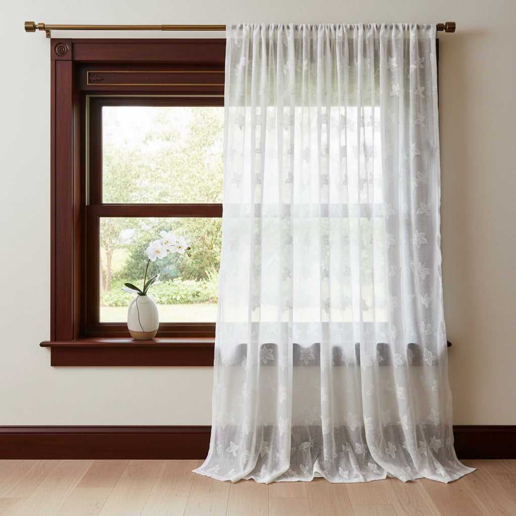 White Floral Linen Curtain - Set of 2