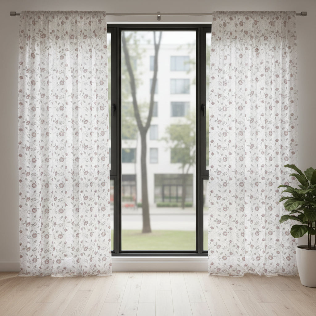 Pink Floral Embroidered Linen Curtain - Set of 2