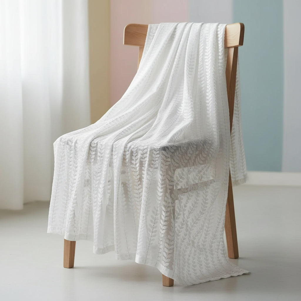 Luxury White Leaf Embroidered Linen Sheer Curtains