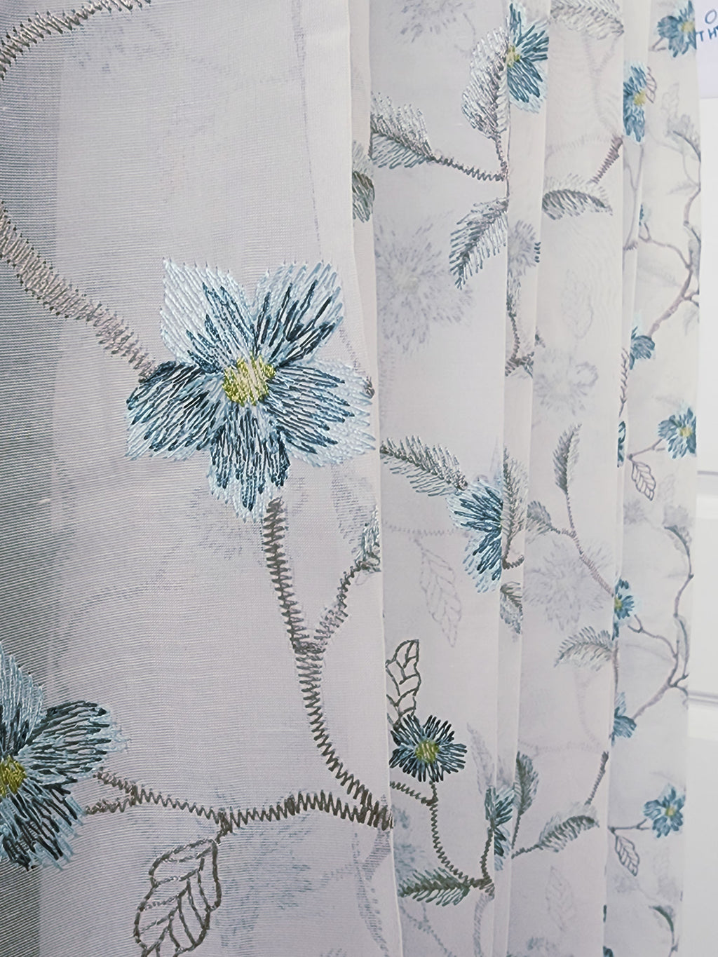 Premium Blue Flower Embroidered Sheer Curtain
