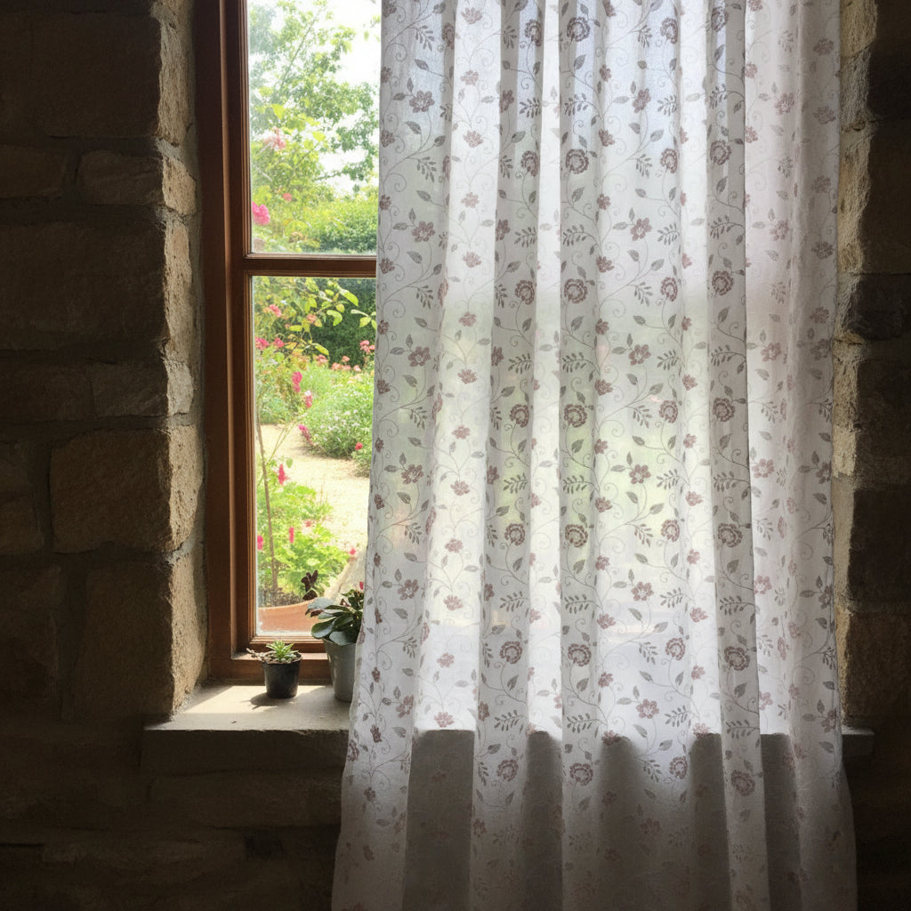 Pink Floral Embroidered Linen Curtain - Set of 2