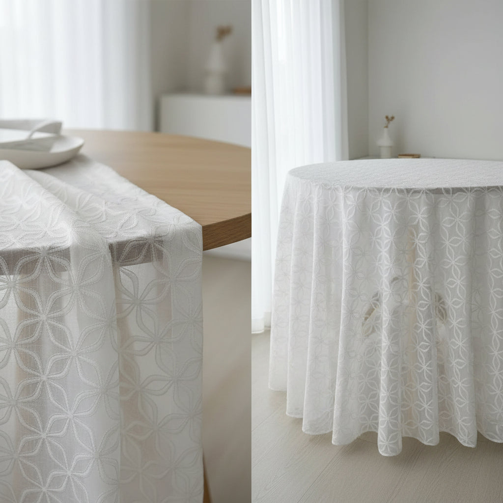 White Interlocking Floral Embroidered Sheer Linen Curtain