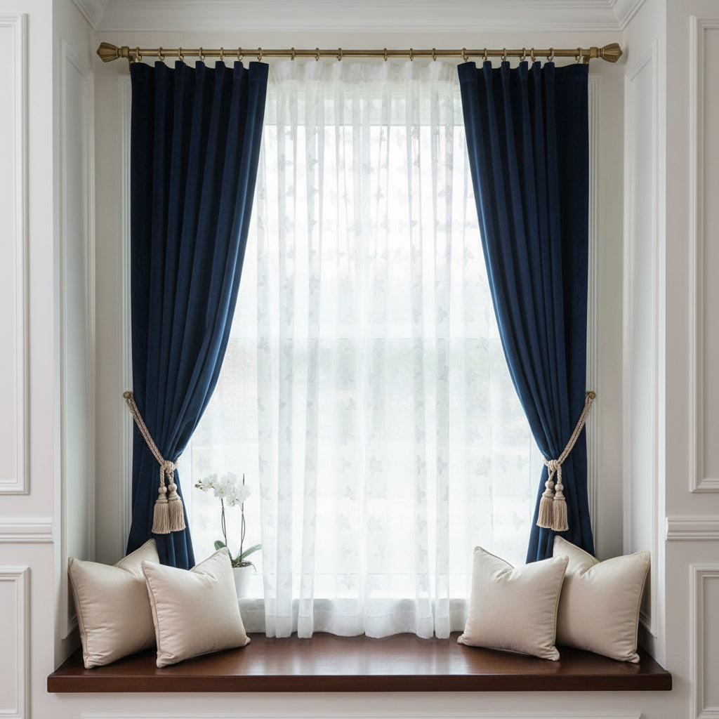 White Floral Linen Curtain - Set of 2