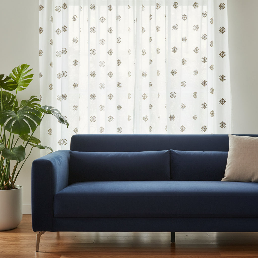 Embroidered Sheer Curtain Panels : Linen Cotton Blend