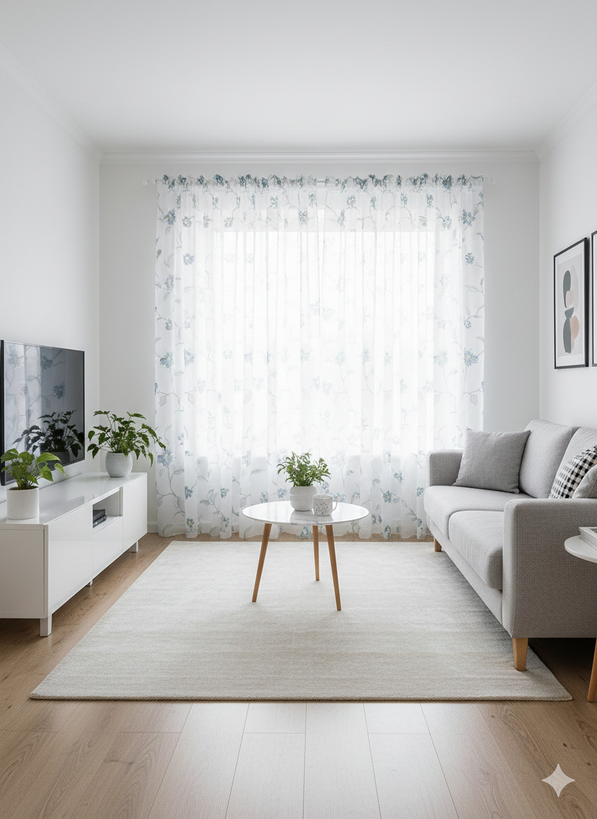 Premium Blue Flower Embroidered Sheer Curtain