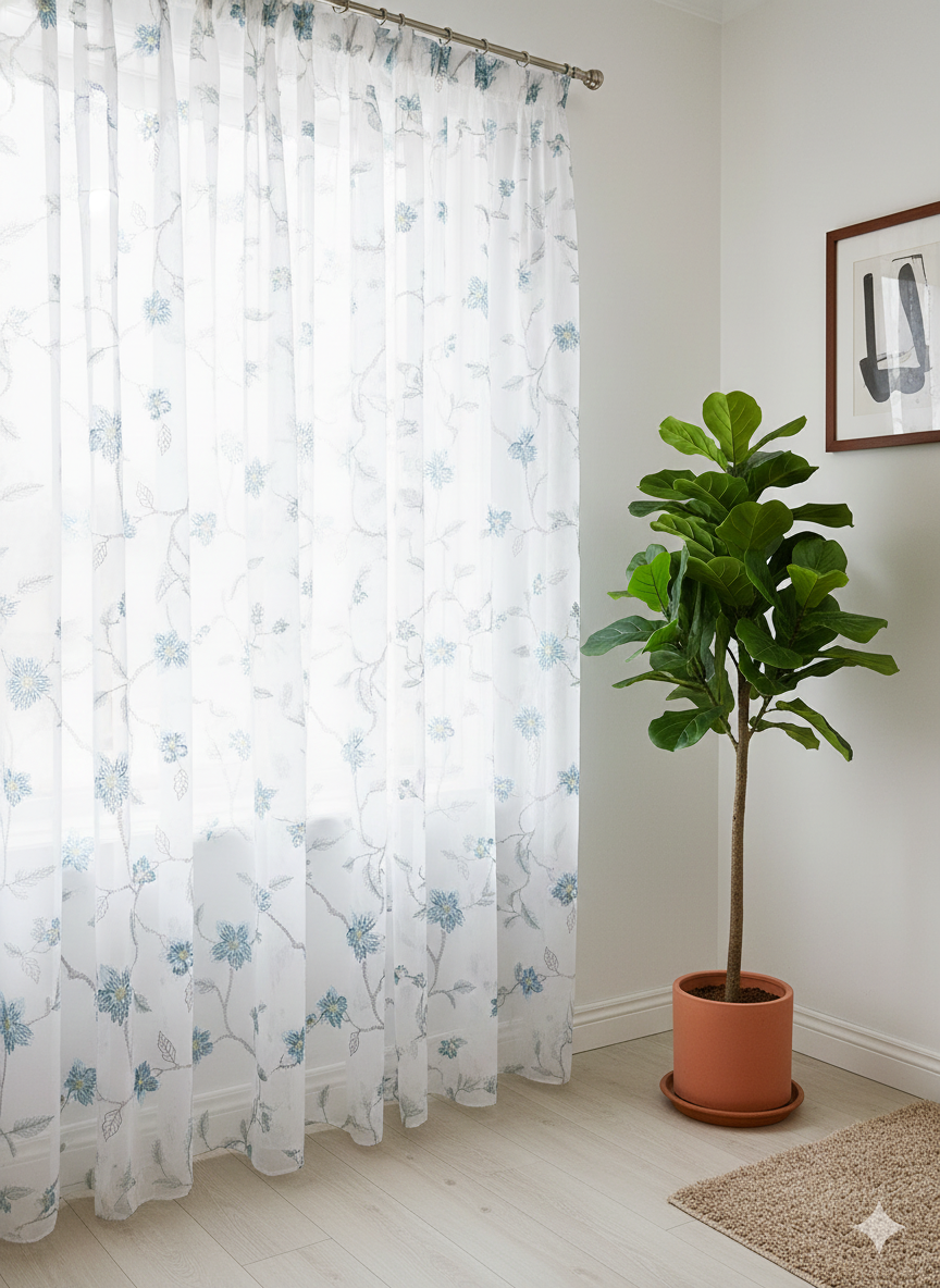 Premium Blue Flower Embroidered Sheer Curtain