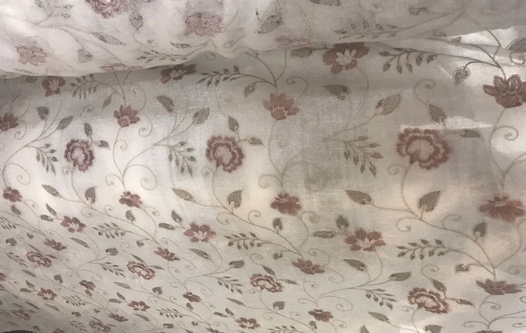 Pink Floral Embroidered Linen Curtain - Set of 2