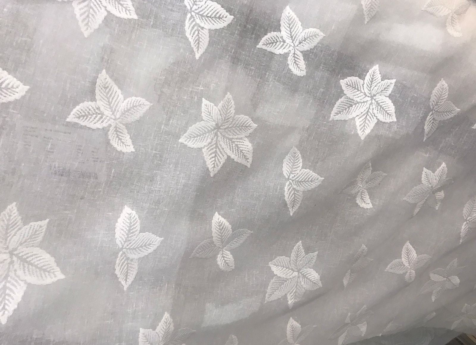 White Floral Linen Curtain - Set of 2