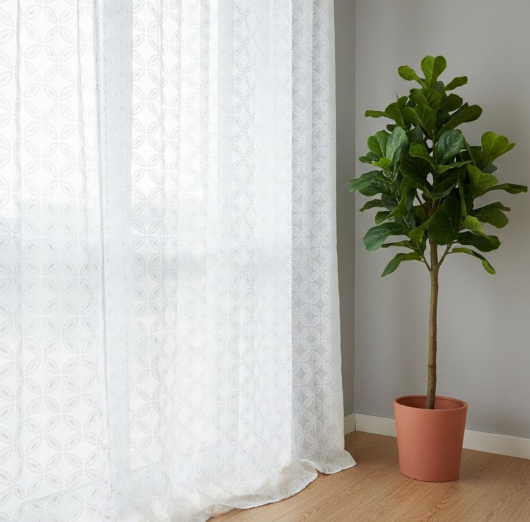 Embroidered Linen Sheer Curtain, 50-inch Rod Pocket (Set of 2)