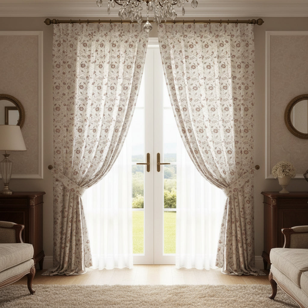 Pink Floral Embroidered Linen Curtain - Set of 2